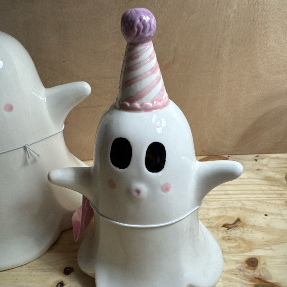 NEW Halloween Ghost w Party Hats Ceramic 8” & 10” SET OF 2 - Picture 2 of 4